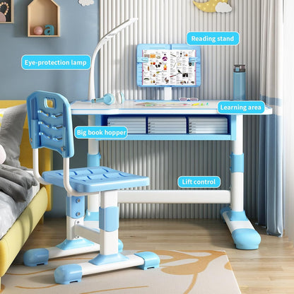 2Pcs Kids Desk and Chair Set,Height Adjustable Children's Writing Desk Set with 40-Degree Tilt-able Reading Stand LED Table Light,Bookstand,Drawer,Ergonomic Table Chair Set Blue