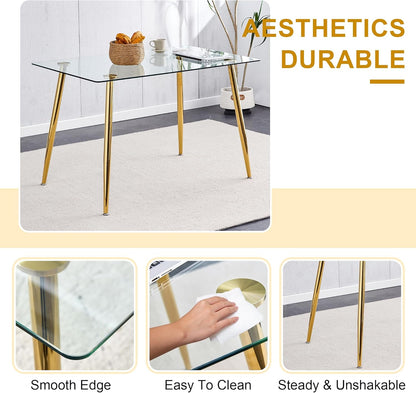 Baysitone 51 inch Glass Dining Table Set for 6, Dining Table & Chair Sets with Gold Metal Legs for Kitchen, Modern Rectangle Tempered Glass Table Top&Transparent Plastic Dining Chair for Dining Room