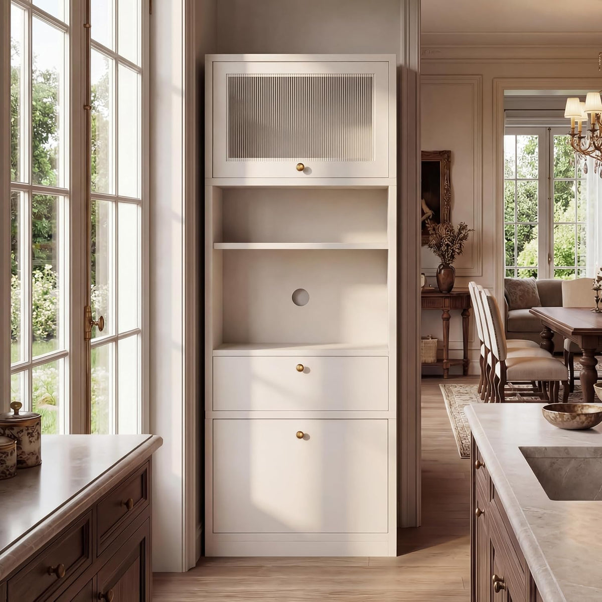 71" Tall Pantry Cabinet, Freestanding Storage Cabinet with Doors and Adjustable Shelves, Drawer and Anti-Tip Kit, E1-Grade Wood for Kitchen Pantry Bathroom Storage, Warm White
