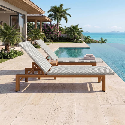 PURPLE LEAF Extra Wide French PE Rattan Patio Chaise Lounge Set of 2, Grey | Extra Wide Fits Heavier Users, Fade-proof Wicker, Matte Teak Wood-Grain Rustproof Aluminum, 5 Recline, Non-Slip Pads, 440 lbs