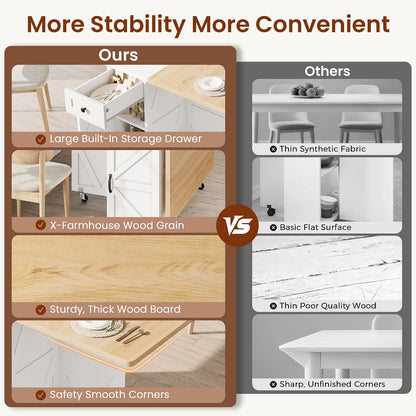 Jocoevol Folding Dining Table for Small Spaces, Foldable Kitchen Table with Drawer, 2-Tier Storage Shelf & Wheels, Space Saving Dining Table for 2 4, Farmhouse, (Natural 47.2" x 23.6" x 29.5")
