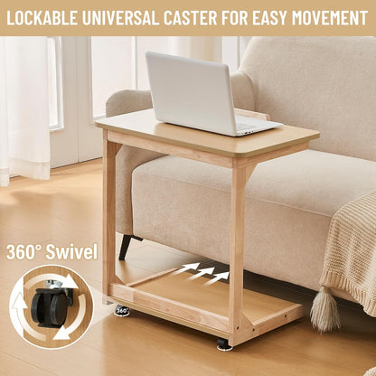 Uniclinens Rolling Side Table Desk Sofa - C Shape Couch End Table with Wheels, Mobile Wooden Slim Sofa Tray, Movable Small Couch Desk for Living Room Bedroom, Natural