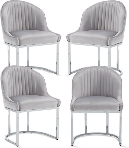 Velvet Dining Chairs Set of 4, Modern Upholstered Barrel Dining Chairs with Chrome U-Shaped Base, 18.5" Wide Accent Chairs Dressing Chair Lounge Chair, Grey