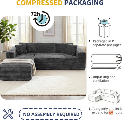 Shintenchi 103" Couches for Living Room with 2 Cup Holders,L Shaped Modular Sectional Sofa Set,No Assembly Needed Plush Corduroy Living Room Set,Dark Gray