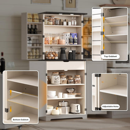 COSIEST 72'' Kitchen Pantry Cabinet, Tall Kitchen Storage Cabinet with Organizer, Drawer and Adjustable Shelves, Freestanding Cupboard, Storage Cabinets for Kitchen, Dining Room, Off White