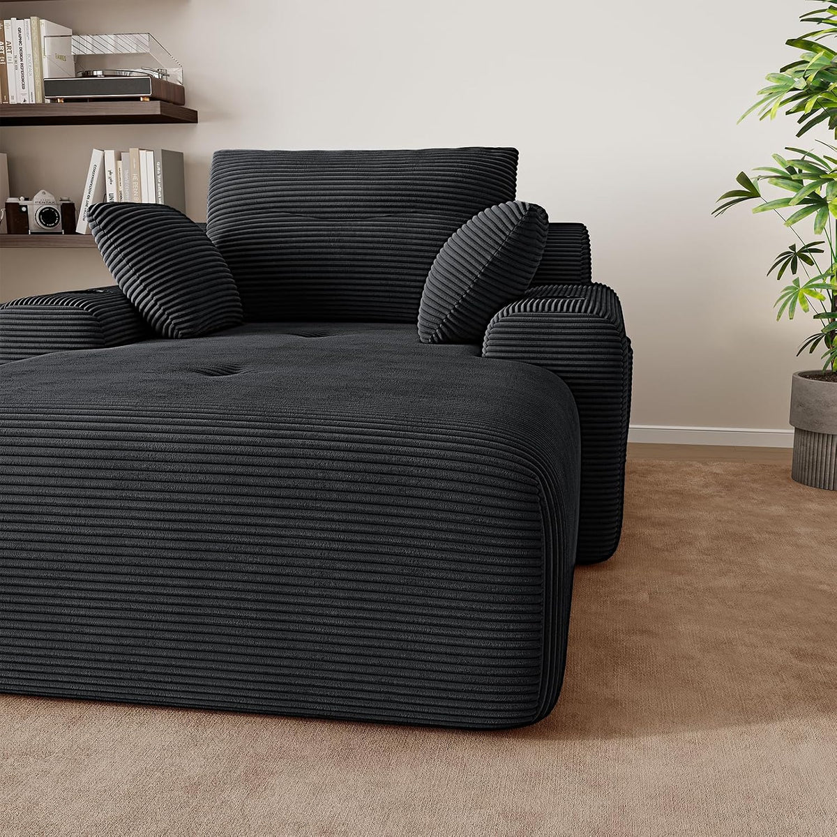 69” Oversized Chaise Lounge Chair Indoor, Soft Floor Chaise Lounge Reading Chairs with 4 Side Pockets and 2 Cup Holders, Comfy Corduroy Sleeper Sofa Bed for Living Room Bedroom, Black
