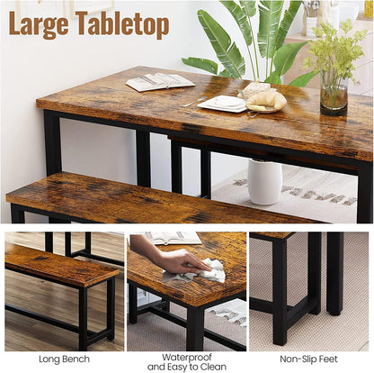 Dining Room Table Set with 2 Benches, Farmhouse Dining Table Set for 4-6, Wood Breakfast Table Set Dinner Table Set Kitchen Table and Chairs for Breakfast Nook Small Spaces, Brown