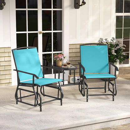 Tangkula 2-Seater Outdoor Glider Bench with 2-Tier Center Table (Turquoise) | Breathable Mesh Fabric Seat & Back, Footrest, Storage Shelf, Heavy-duty Metal Frame for Garden, Porch, Backyard