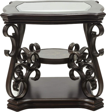 End Table with Glass Table Top, Cocktail Table with MDF and Marble Paper Middle Shelf, Sofa Table with Metal Legs for Living Room (Brown, 26.3" L*26.3" W*24" H)