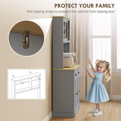 71-inch Modern freestanding Pantry Cabinet, Four Adjustable Shelves at Three Heights, Wide Counter Cable Hole, Gray Yellow Oak