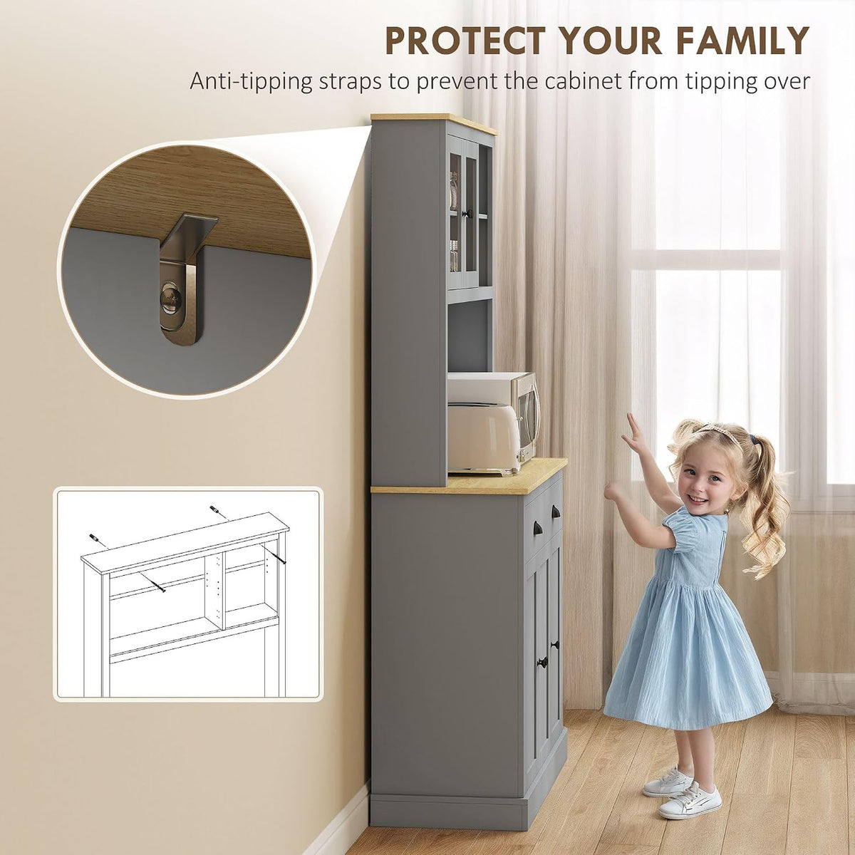 71-inch Height Kitchen Pantry, freestanding with Reversible Adjustable Shelves Three Heights, Wide countertop Cable Access, Gray and Yellow Oak Finish