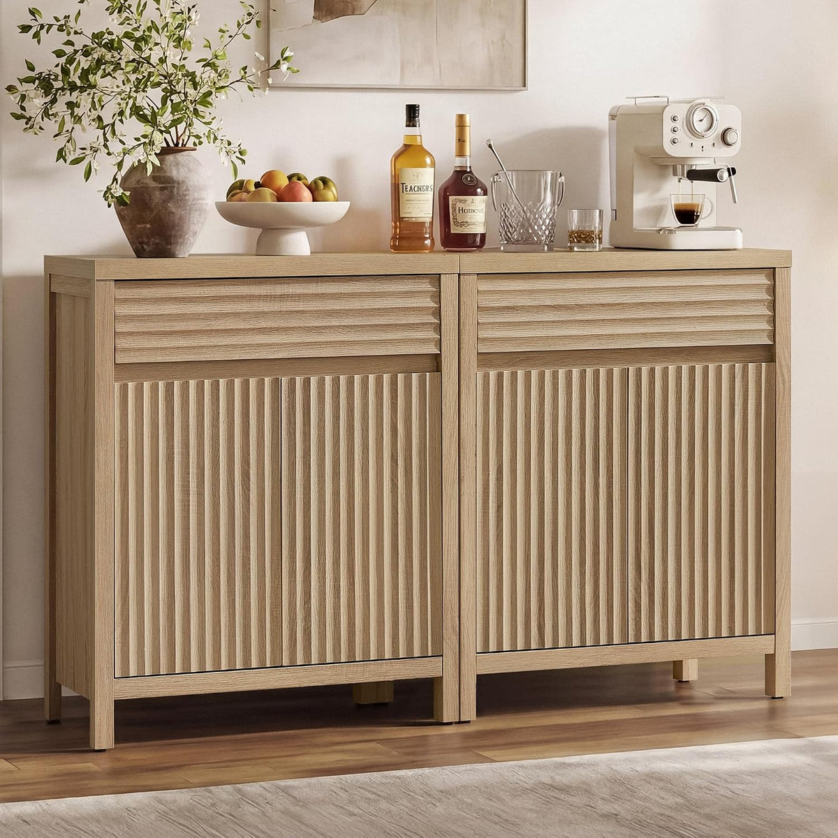SICOTAS 58" Fluted Buffet Cabinet with Storage, Modern Farmhouse Sideboard with 4 Doors, 2 Drawers & Adjustable Shelves, Sturdy Credenza for Kitchen, Living Room & Entryway, Reclaimed Light Oak