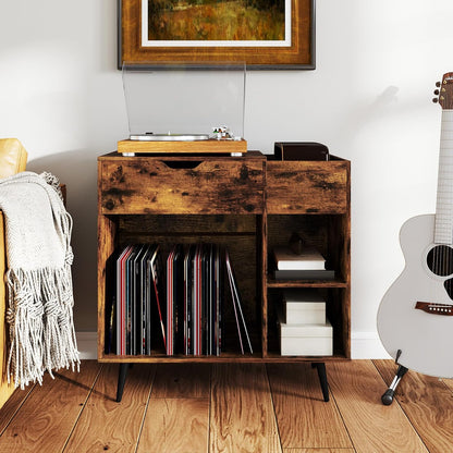 LOKO Record Player Stand with Charging Station, Vinyl Record Holder with Removable Divider, Industrial Turntable Display Stand, Record Storage Table Cabinet for Living Room, Bedroom, Rustic Brown