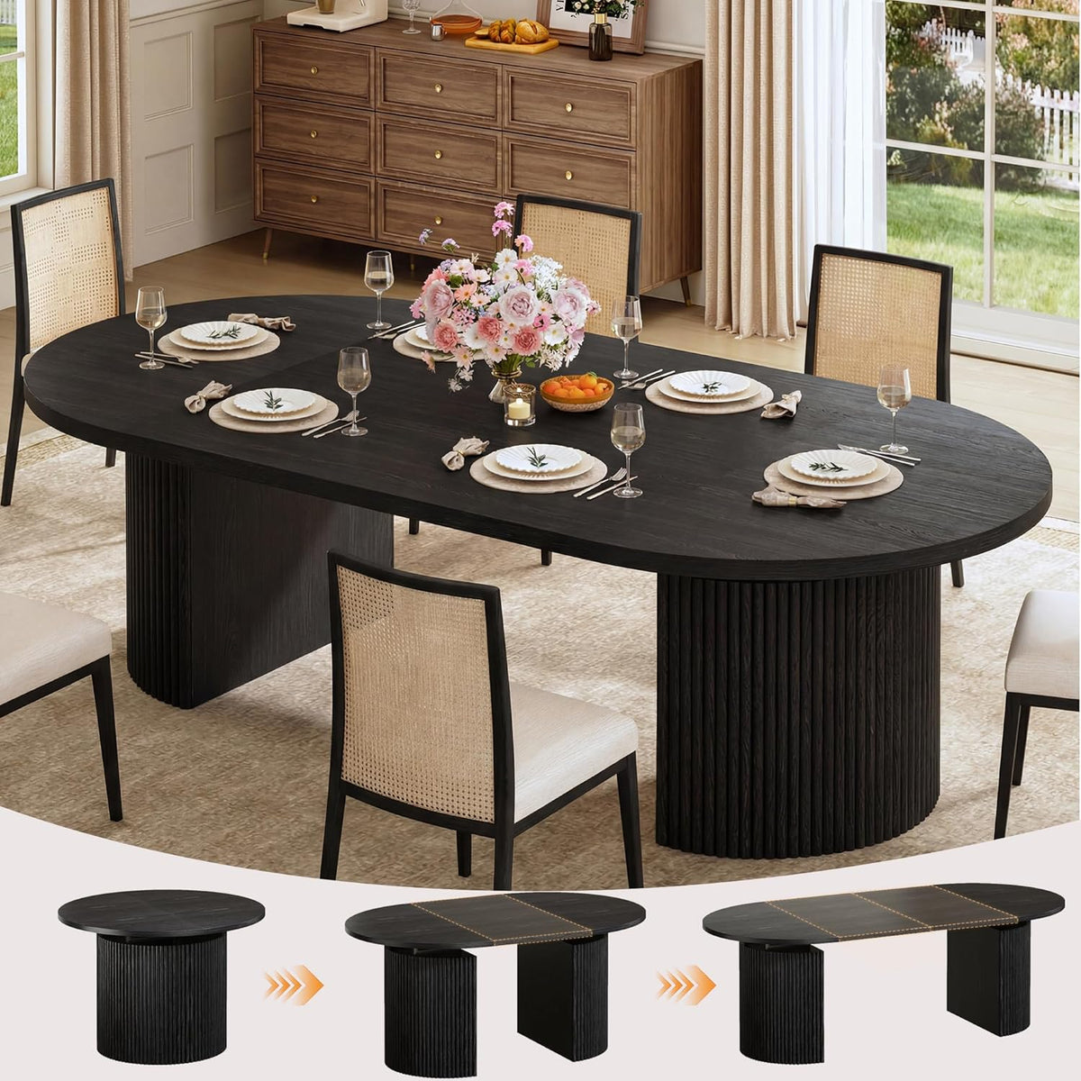 HUAHUU Extendable Round Dining Table for 4-8, 39in-77in Long Large Kitchen Table with Fluted Base, Space Saving Modern Farmhouse Oval Dinner Tables for Dining Room, Kitchen, Living Room, Natural
