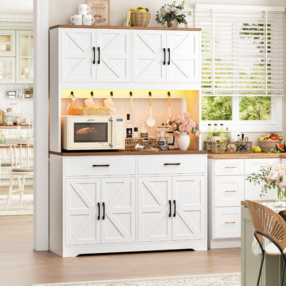 HIFIT 71" LED Pantry Cabinet with Charging Station, Tall Coffee Bar Cabinet | Farmhouse Kitchen Hutch Cabinet with Storage, Large Countertop, 7 Metal Cup Hooks, White