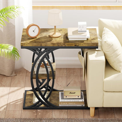 C Shaped End Table, Bed Side Table, 3-Tier Side Table with Metal Frame, Wood End Table with Storage for Living Room, Couch, Sofa, Bedroom, Easy Assembly, 23.6" D*11.8" W*23.6" H, Rustic Brown