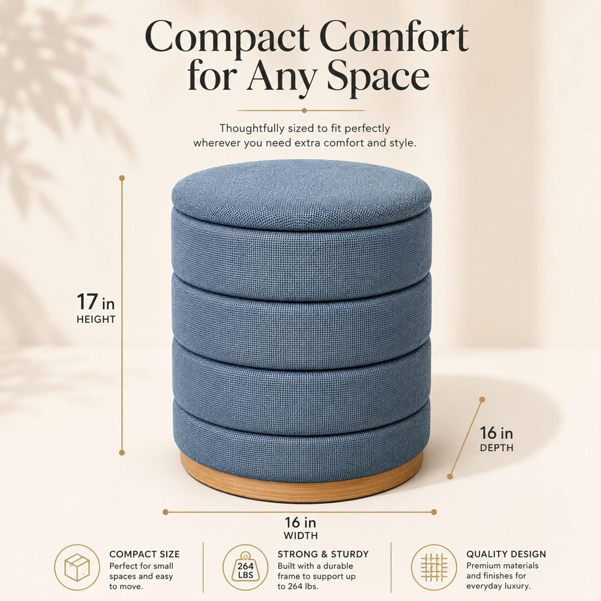 Linen Storage Ottoman Round Footrest with Hidden Storage, Light Blue 16" L X16 W X 17" H