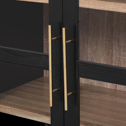 71" Tall Arched Kitchen Pantry with Glass Doors and 2 Large Drawers, Farmhouse Kitchen Storage Cabinet with Adjustable Shelves, Wood Versatile Cupboard for Dining Room (Black-3.12)