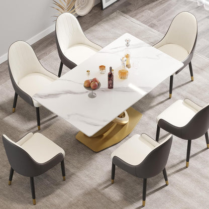 Montary Artificial Marble Dining Table, Modern 63”Sintered Stone Dining Table for 4-6 Seat, White Rectangle Dining Room Table with Gold Double-Ring Stainless Steel Base (Only Table)