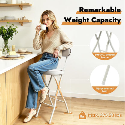 2PCS Folding Stool Cushioned Padded Folding Stool with 275.6lbs Capacity Foldable Bar Stool Portable Stool Chair with Back for Kitchen Living Room Garden Camping Fishing (White)