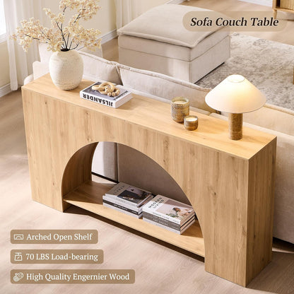 IFGET 63" Arched Console Table, 2-Tier Modern Entryway Table with Arched Base, Narrow Long Wood Sofa Table Behind Couch Table for Living Room, Hallway, Foyer, Natural