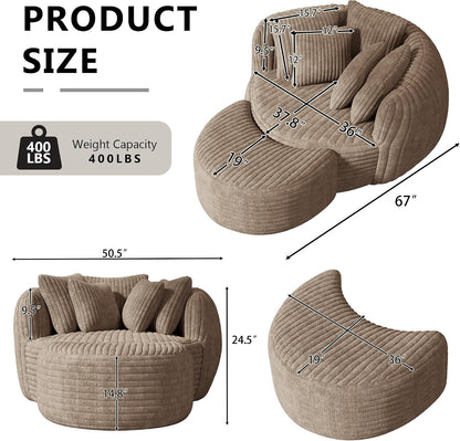 50.5" W x 67" D Oversized Chaise Lounge Chair with Ottoman,Light Camel | 38D Sponge,Round Reading Chair Luxury Plush Cloud Circle Sleeper for Living Room Bedroom, 5 Pillows,Corduroy
