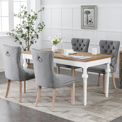 Grey Mid Century Modern Dining Chairs Set of 4, Linen Upholstered Kitchen & Dining Room Chairs with Nailhead Trim & Solid Wood Legs, Elegant Sillas De Comedor (Grey, 4 Pcs)