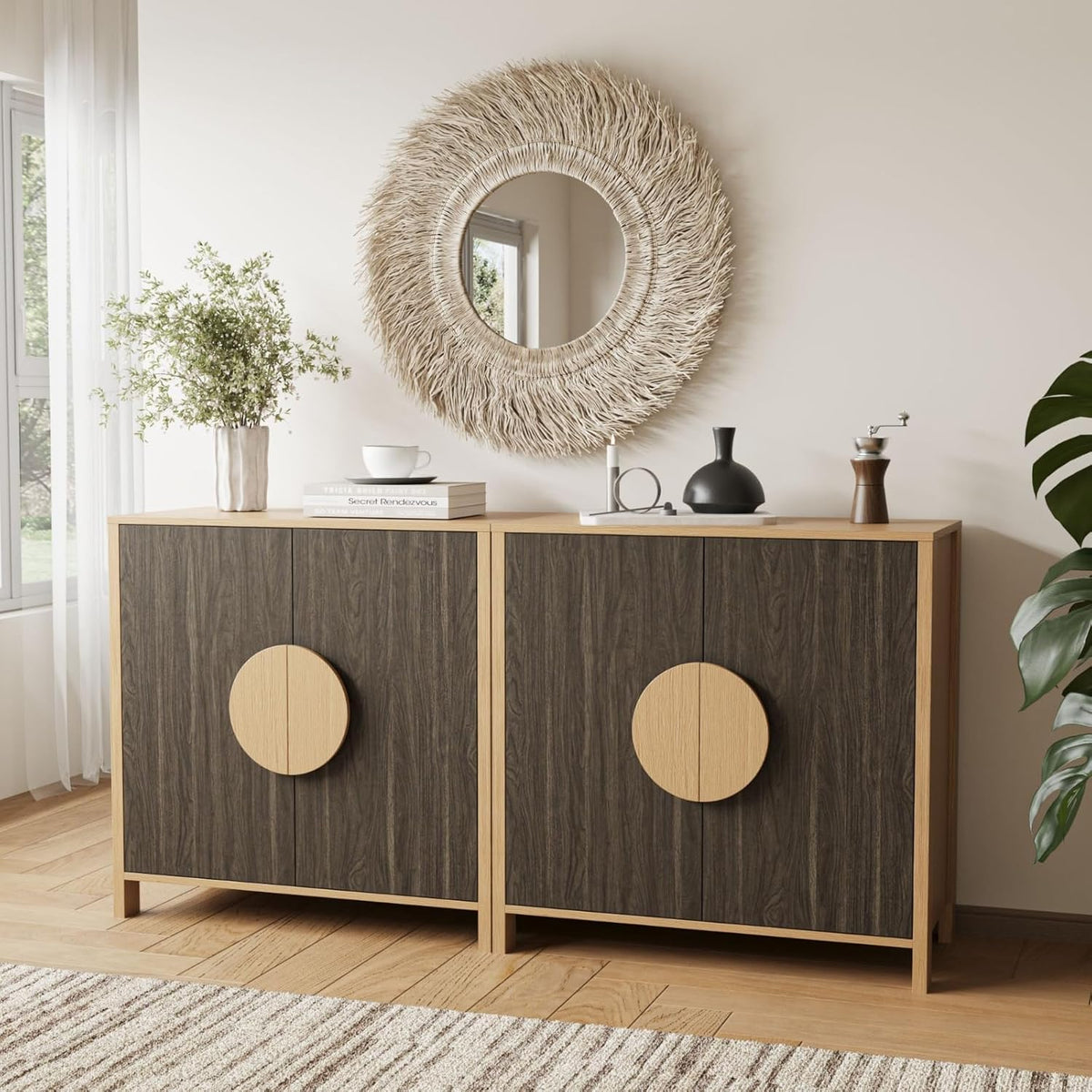 BREEZEHEAT Sideboard Buffet Cabinet with Storage, Mid Century Modern Buffet Table, 64" Wood Accent Cabinet with 4 Doors and Adjustable Shelf, Storage Credenza for Kitchen Living Room Entryway
