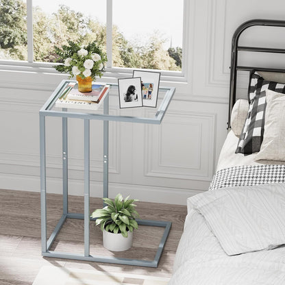 End Table,C Shaped Side Table for Sofa,Glass Couch Tray Snack Dinner Table for Living Room, Bedroom,TV Tray Table for Small Space,Living Room, Bedroom,Easy Assembly (Gray)
