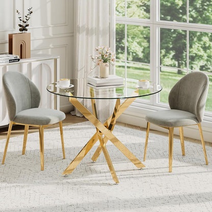 Zevemomo 35.5" Glass Dining Table for 4, Round Coffee Table with Tempered Glass Top Gold Mental Legs, Modern Circle Glass Dinner Kitchen Table for Apartment Home Office