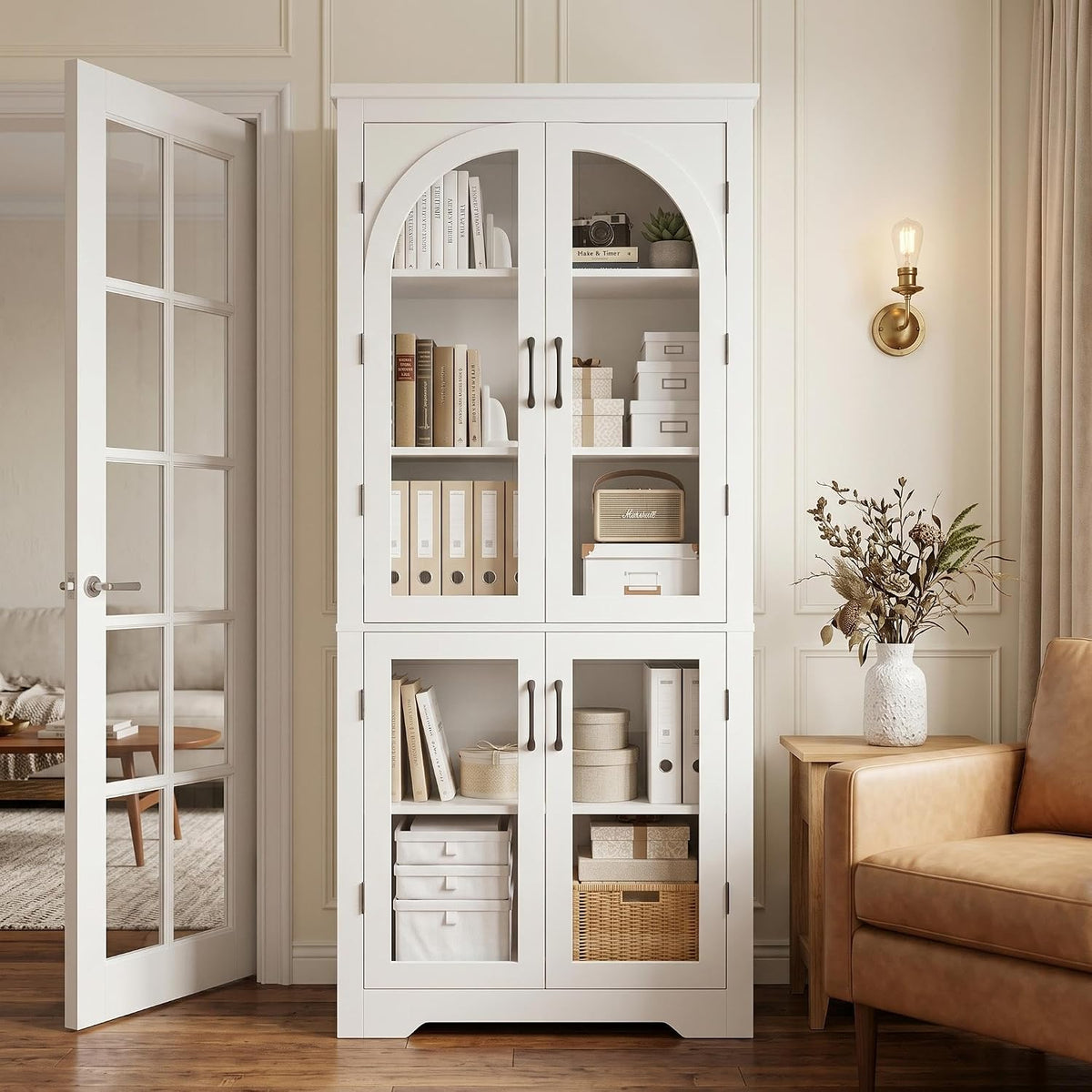 Garvee 70" Tall Kitchen Pantry Cabinet - Modern Display Cabinet with 4 Arched Glass Doors and Adjustable Shelves, Versatile Cupboard Organizers for Kitchen, Dining Room, Living Room, Bathroom, White
