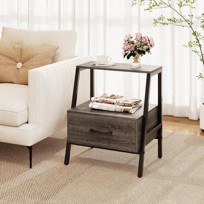 Giantex Farmhouse Nightstand with Drawer and Open Shelf, 2-Tier Bedside Table with Metal Frame, Stable End Table for Bedroom or Living Room, Rustic Gray