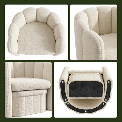 Homkdom Barrel Accent Chair with Storage Ottoman, Teddy Fleece Shell Back, Ergonomic Lumbar Support, Spring Foam Seat, 300 lbs, Reading Chair for Bedroom Living Room Home Office Creamy White