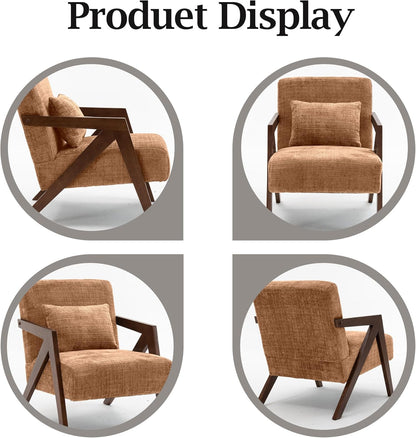 Mid-Century Modern Accent Chair Set of 2 with Solid Wood Frame，Upholstered Chenille Living Room Arm Chairs with Pillow for Bedroom, Living Room, Reading Room, Balcony, Brown