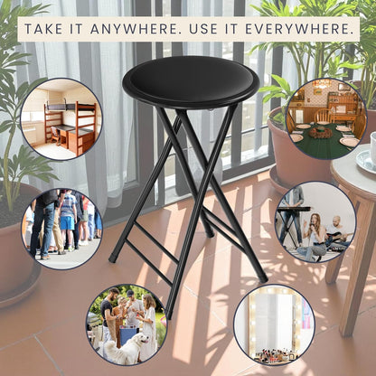 Backless Folding Stool with 225lb Capacity for Kitchen or Rec Room - Portable Indoor Counter Bar Stools (24-Inch, Black)