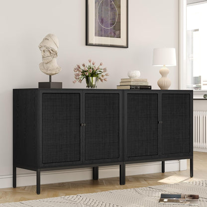 Yechen Full Black Rattan Cabient, Boho Sideboard Cabinet with Natural Rattan Decorated Doors, 31.5" W Accent Cane Credenza Buffet Console Storage, for Living Room Entryway Kitchen, Metal Legs/Set of 3