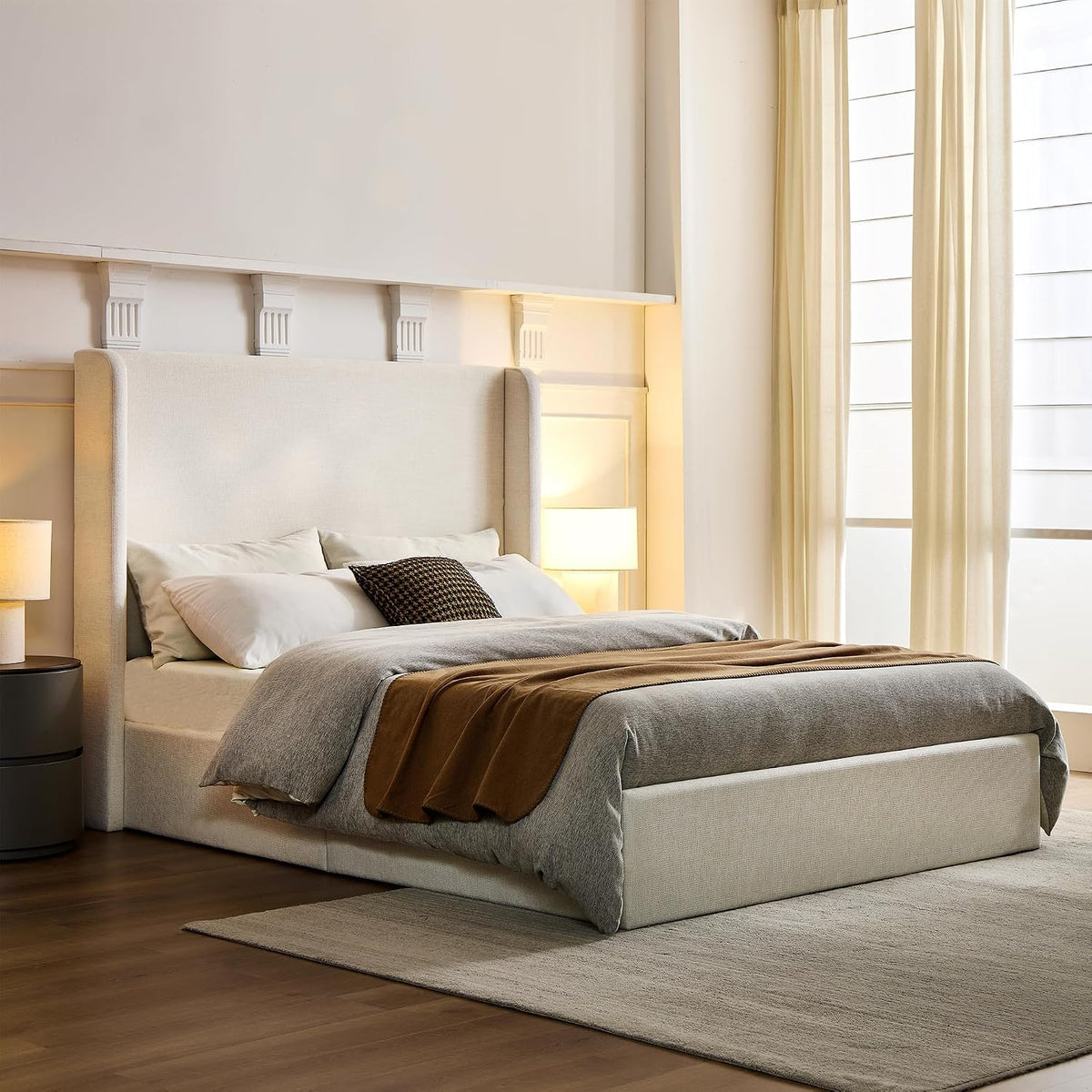 Upholstered Bed Frame Queen Size, 54" High Headboard Platform Beds Caron Tall Wingback Bed Frames, Box Spring Request/No Noise/Simplicity Minimalist, Textured Ivory Canvas Chenille