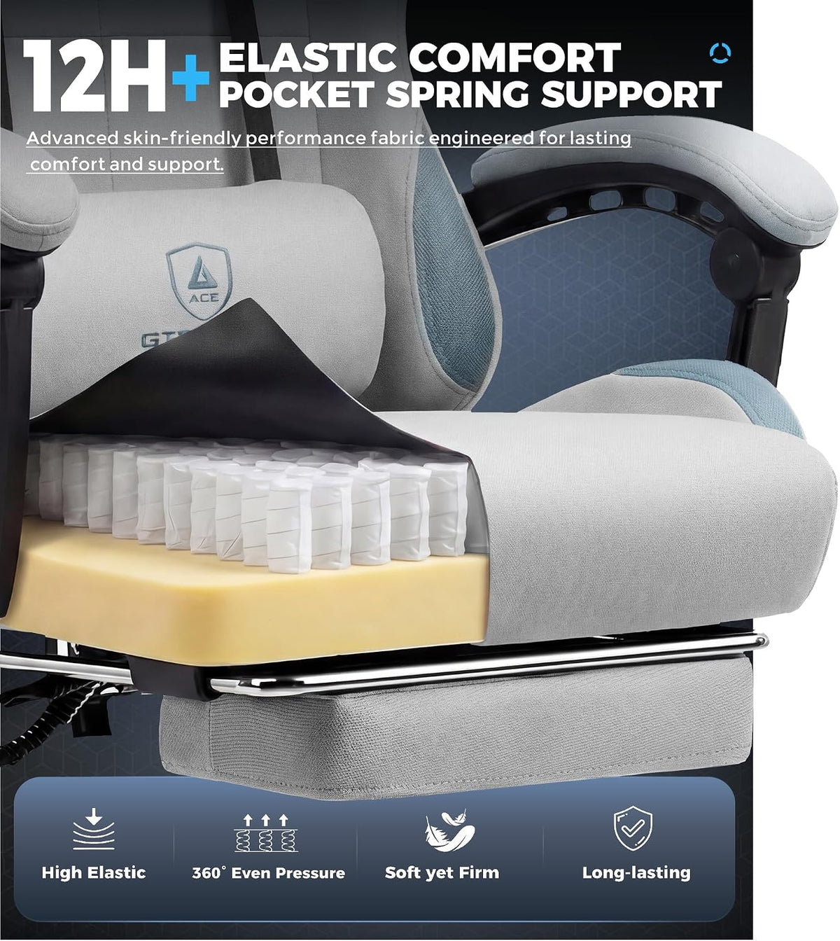 GTPLAYER Gaming Chair Fabric with Pocket Spring Cushion,Computer Office Chair with Lumbar Support for Adults Linkage Armrests and Footrest Ergonomic Gamings Chairs Height Adjustable LightGray