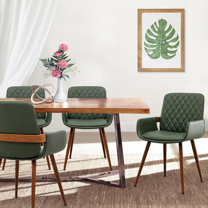 LUNLING Mid Century Modern Faux Leather Dining Chairs Set of 4,Green Upholstered Seat,Metal Legs,Adjustable Foot for Kitchen Dining Room Desk Chairs