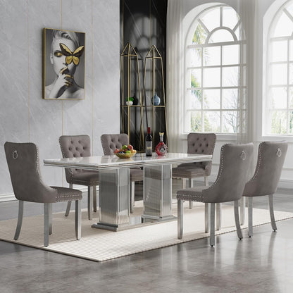 HomVent 68'' Silver Faux Marble Dining Table Set with 6 Grey Velvet Chair | Modern Rectangle Kitchen Table Set of 6 with Faux Marble Table Top & Stainless Steel Base Dining Set for Kitchen Dining Room