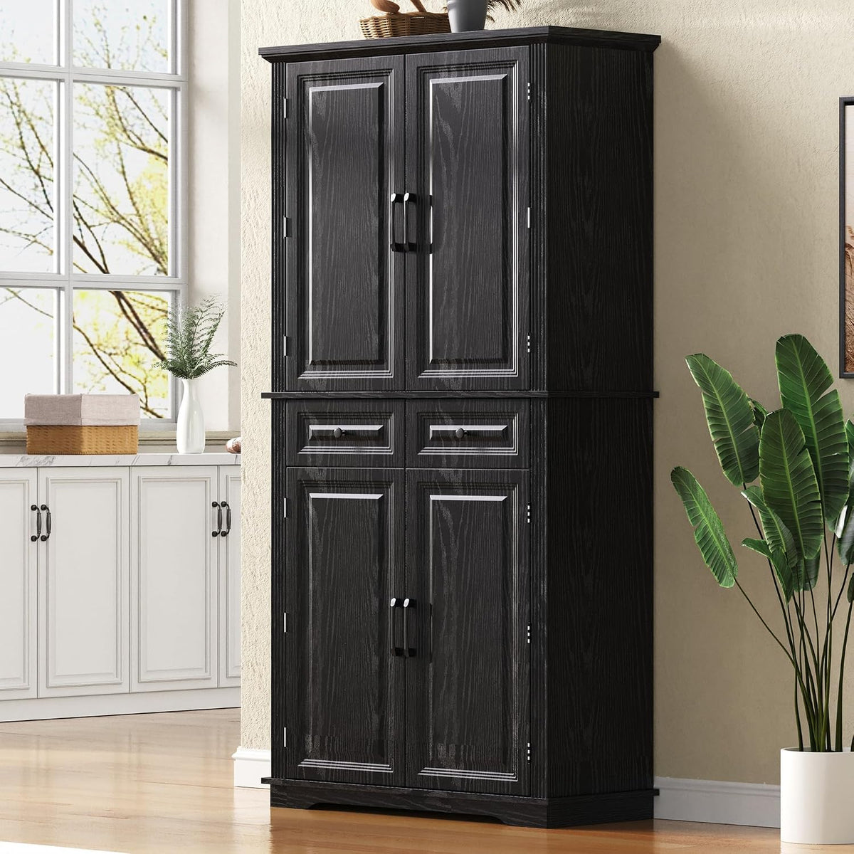 Tall Kitchen Pantry with 3 Pull Out Storage Organizers,Farmhouse Embossed Texture Storage Pantry with 6 Door Shelves,Freestanding Cupboard for Kitchen,Dining Room (Black-PC)