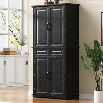 Tall Kitchen Pantry with 3 Pull Out Storage Organizers,Farmhouse Embossed Texture Storage Pantry with 6 Door Shelves,Freestanding Cupboard for Kitchen,Dining Room (Black-PC)