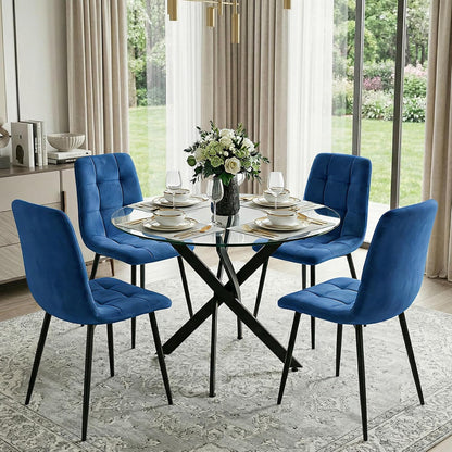 Dining Table Set for 4, Round Glass Kitchen Table with 4 Blue Highback Tufted Velvet Side Chairs, 5-Piece Modern Dining Room Set for Kitchen, Apartment, Small Spaces