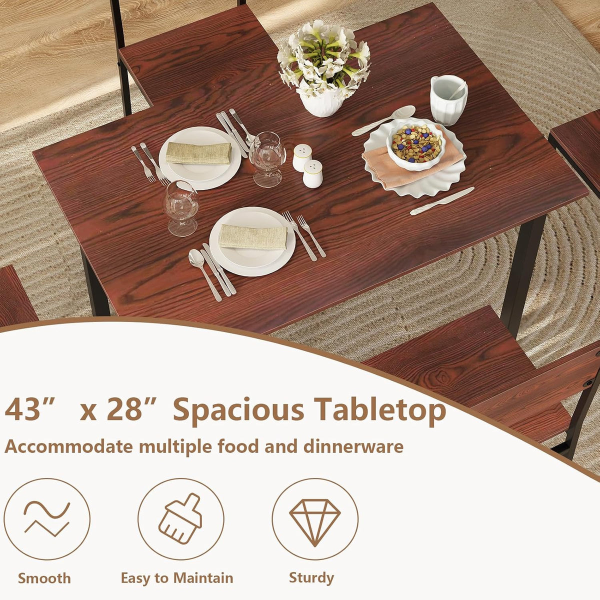 GOFLAME 5-Piece Dining Table Set, Industrial Kitchen Table and Chairs for 4 with Backrest and Metal Frame, Rectangular Space-Saving Dinette Set for Dining Room, Apartment, Small Space, Walnut