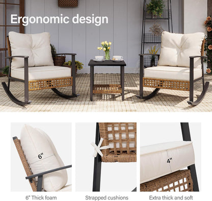 LAUSAINT HOME 3-Piece Rocking Bistro Set, Outdoor Patio Furniture with Thick Cushions and 2-Tier Coffee Table, Oversize Rattan Conversation Set for Garden, Balcony, Backyard (Beige)