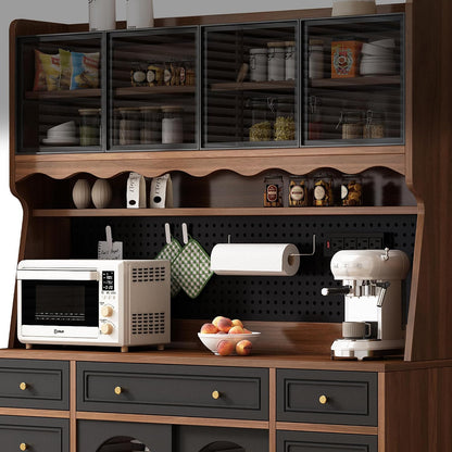 63'' Kitchen Pantry Cabinet with Power Outlet,Large Kitchen Hutch Cabinet with 6 Drawers and Adjustable Shelves,Wood Buffet Cabinets for Dining Room and Living Room(Black and Walnut)