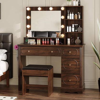 42" Walnut Brown Makeup Vanity Desk with Mirror & Lights & Charging Station | Dark Wood Dressing Table Make Up Desk, Power Outlets & USB Ports, Open Storage, 4 Drawers, Blow Dryer Holder, Vanity Bench