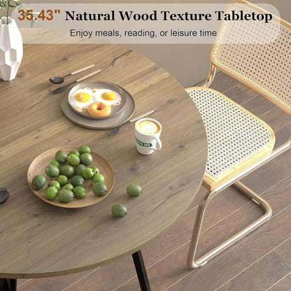 Round Dining Table Set for 4, Rustic 36" Circle Kitchen Table and 4 Gray Linen-Cotton Dining Chairs, Solid Metal Frame, Space Saving Wood Small Kitchen & Dining Room Furniture
