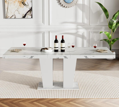 Rustic 7 Piece Dining Table Set, 62.99"-78.74" Extendable Dining Table & 6 Gray Velvet Dining Chairs with Stainless Leg, White Expandable Dining Room Table and Chairs Set