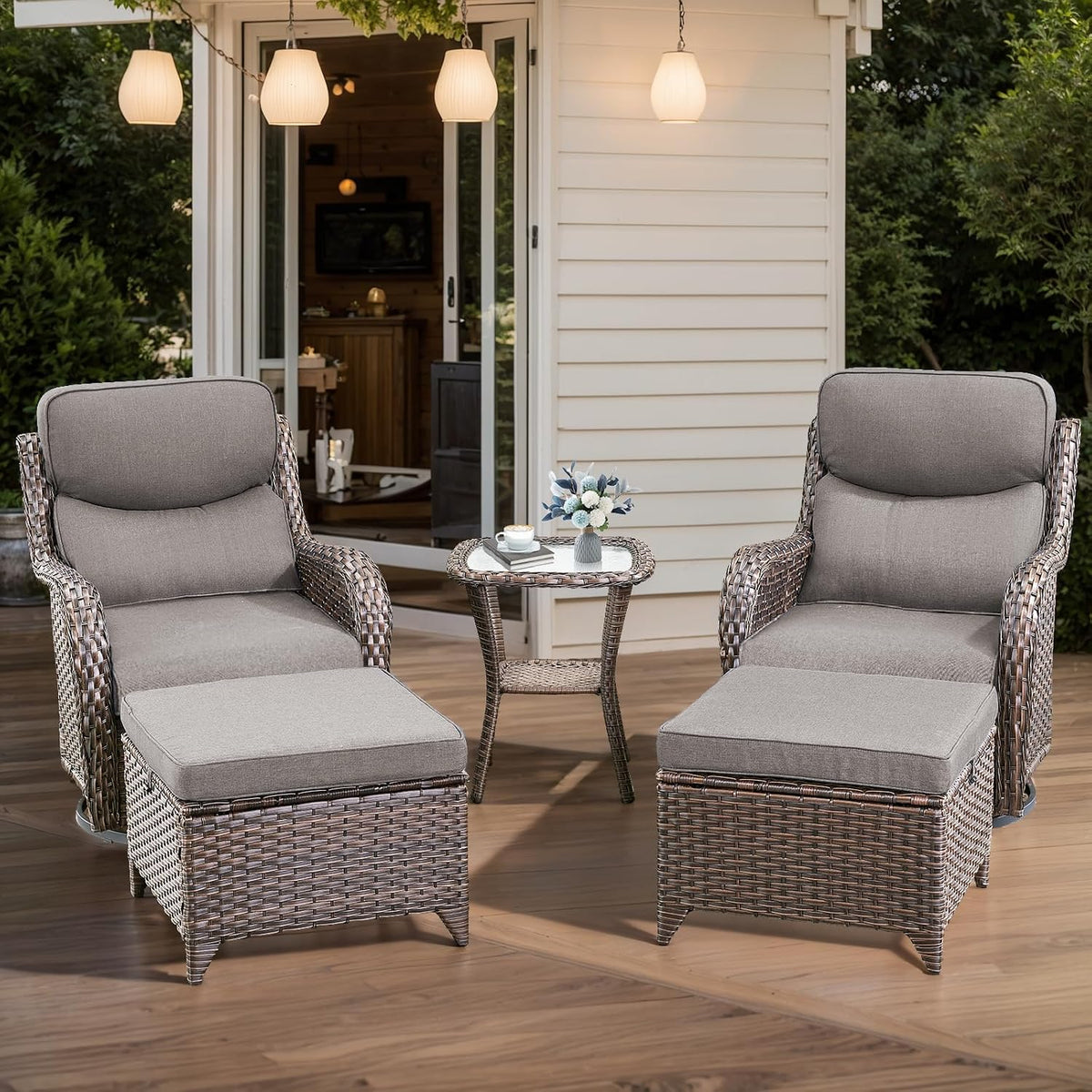 HUMMUH Wicker Patio Furniture High Back Swivel Rocker Patio Chairs Outdoor Bistro Set with Ottomans Side Table for Porch Garden Deck